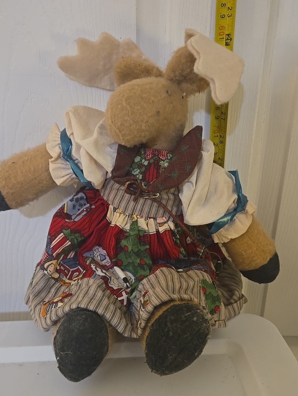 Tan Plush Moose Doll with Festive Red Dress - Unbranded